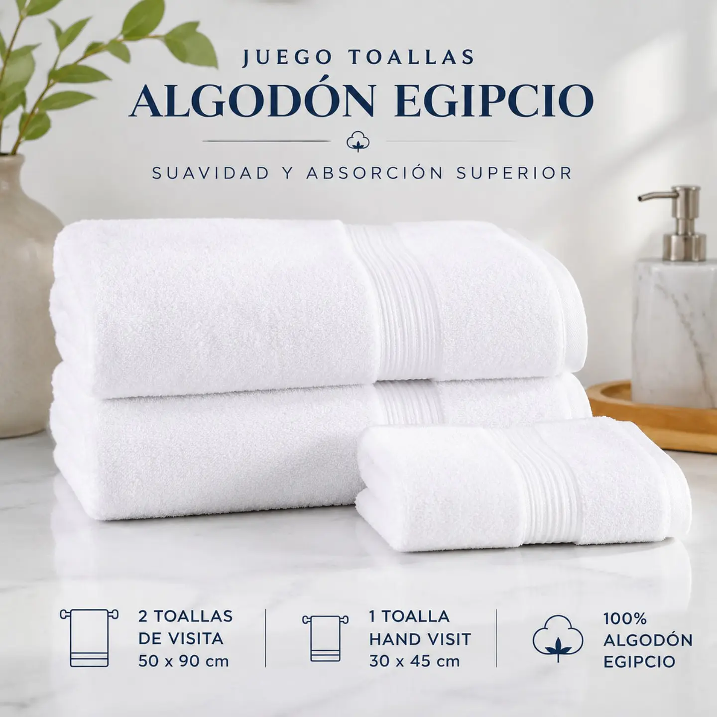 Juego Toallas Algodón Egipcio 1 Mano y 2 Mano Visita Blanca 4