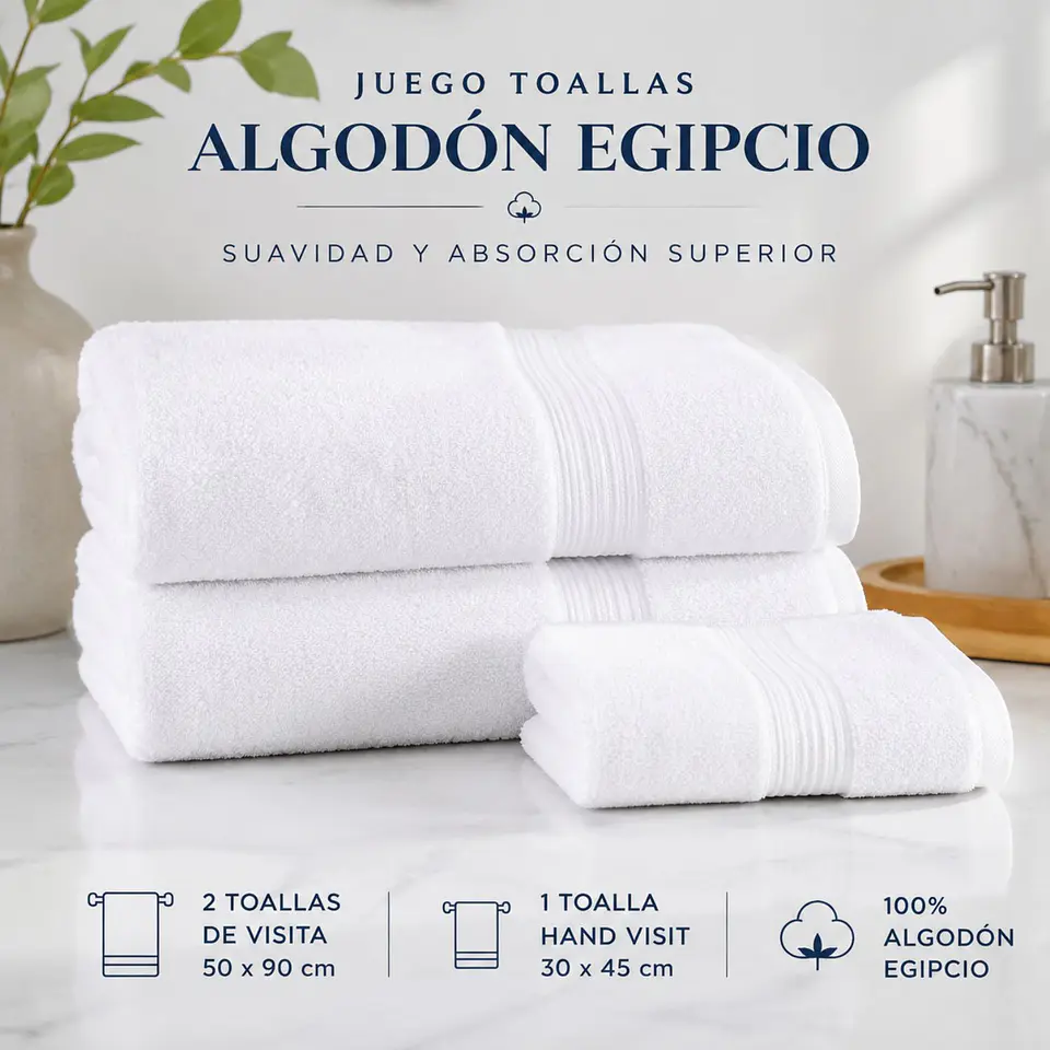 Juego Toallas Algodón Egipcio 1 Mano y 2 Mano Visita Blanca 4