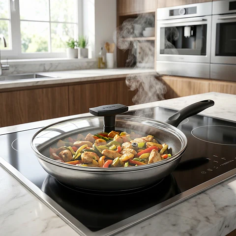 Tapa Vidrio Templado Borde Acero Inox c/Agujero de Vapor 20cm