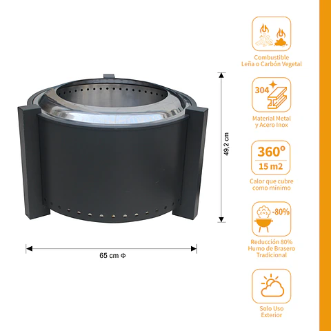 Fogon Brasero Sin Humo 65 cms PATAGON Black Terraza Patio Jardín