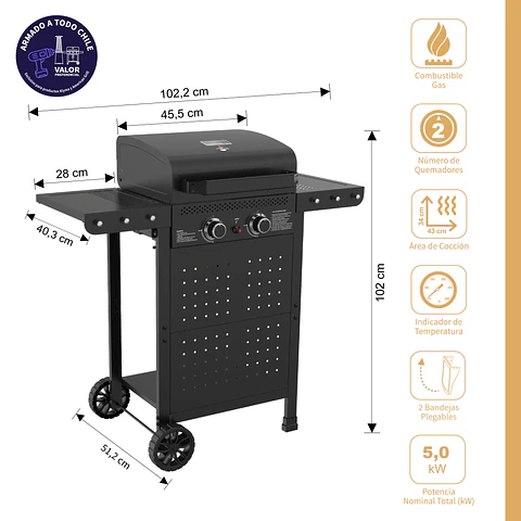 Set Parrilla Gas 2 Quemadores Vermont Black + Funda XXS