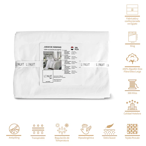 Sábanas King Algodón Egipcio 300 Hilos Liso Blanco