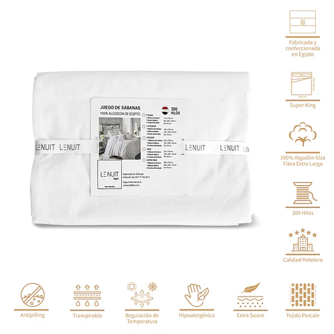 Sábanas Super King Algodón Egipcio 300 Hilos Liso Blanco