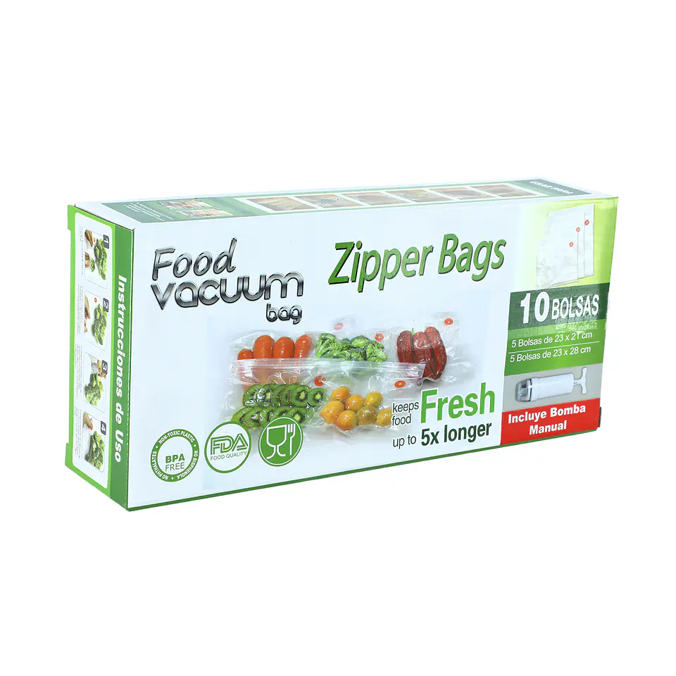 Pack 10 Bolsas al Vacío para Alimentos FVB con Bomba Extractora 1