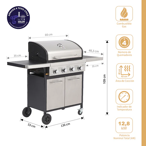 Parrilla a Gas Oregon 4 Quemadores Inox