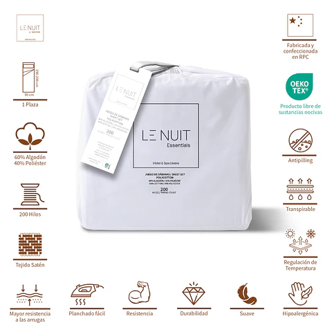 Sábanas 1 Plaza Polycotton 200 Hilos Essentials Liso Blanco