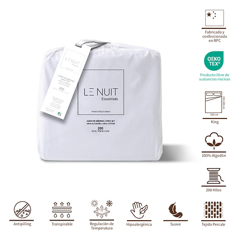 Sábanas King 100% Algodón 200 Hilos Percale Liso Blanco