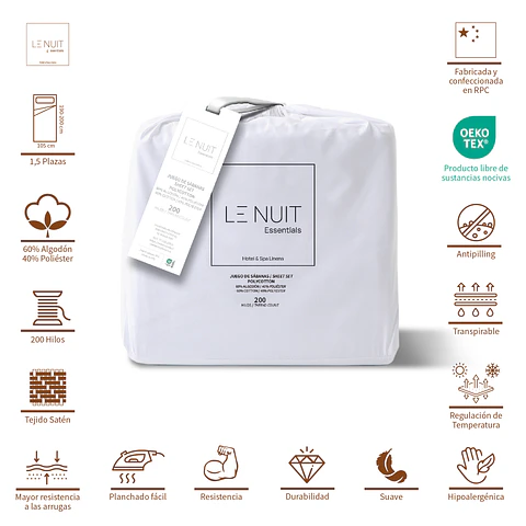 Sábanas 1,5 Plazas Polycotton 200 Hilos Essentials Liso Blanco
