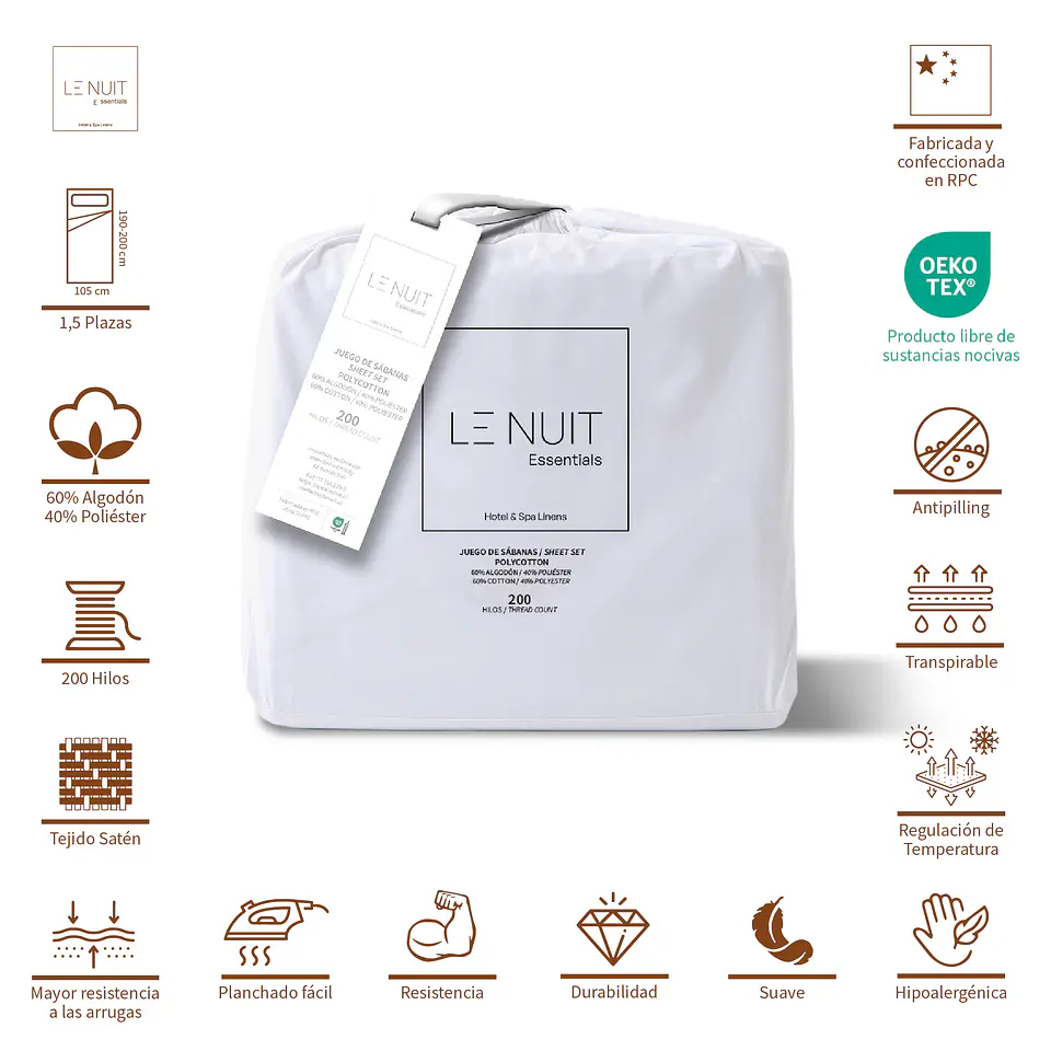 2 Sábanas 1,5 Plazas Polycotton 200 Hilos Essentials Liso Blanco 2