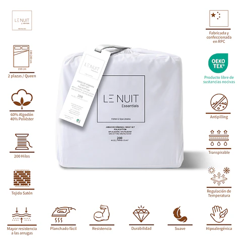 2 Sábanas 2 Plazas Polycotton 200 Hilos Essentials Liso Blanco