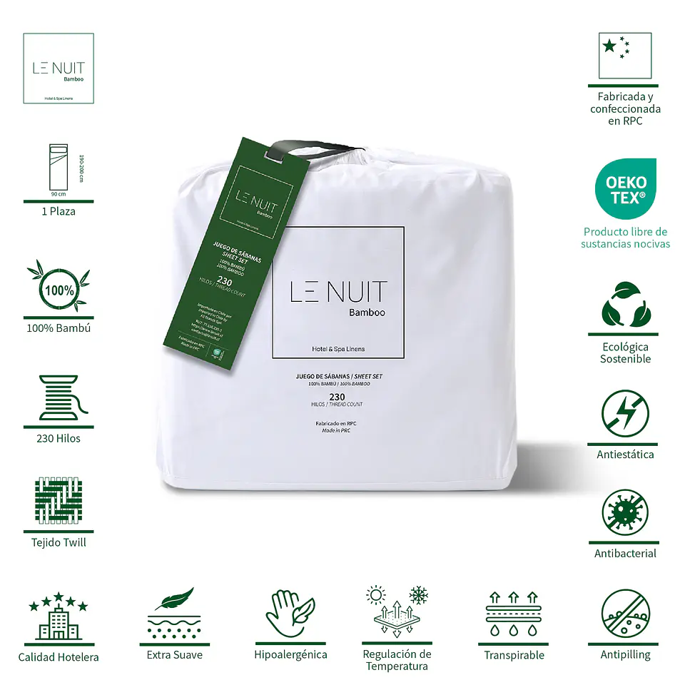 2 Sábanas 1 Plaza 100% Bambú 230 Hilos Essentials Liso Blanco 2