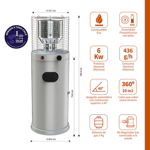 Estufa a Gas Exterior CILDRO ELW Grey 106 + Funda Terraza Patio Jardín