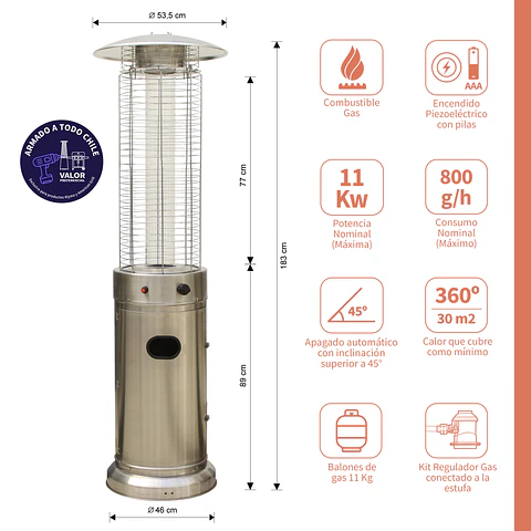 Estufa a Gas Exterior TUB  Inox + Funda Terraza Patio Jardín
