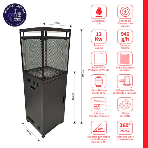 Estufa a Gas Exterior VULKAN Black + Funda Terraza Patio Jardín