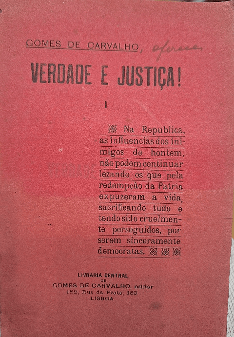 Livro,  " Verdade e Justiça " Gomes de Carvalho 