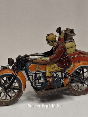 Brinquedo de lata, motociclista com sidecar