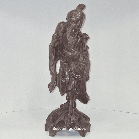 Escultura chinesa, madeira,  pescador 