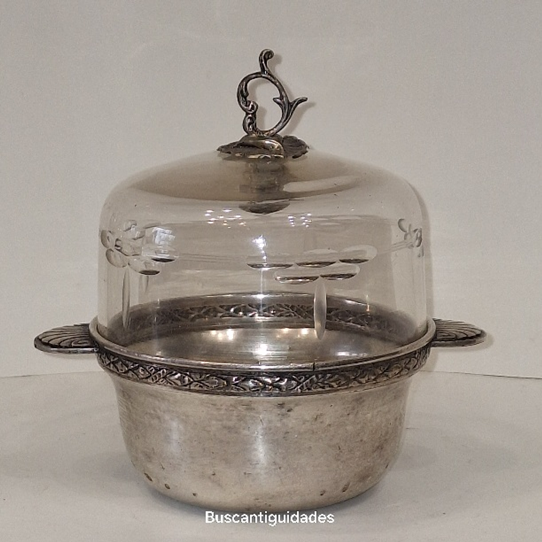 Manteigueira em metal e cristal  1