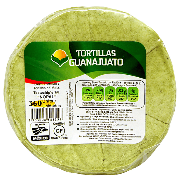 Pre-cortada/Chips - Tortilha de milho com Cacto para fritar 1kg, Guanajuato