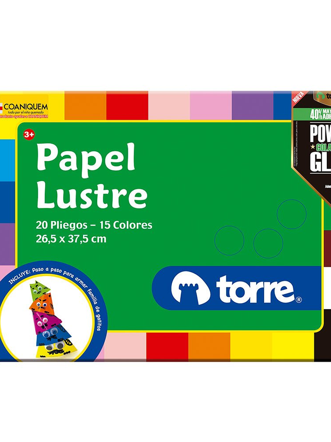 Bolson - Carpeta Papel Lustre 20 pliegos 15 colores 26,5 x 37,5 cm Imagia Torre 1