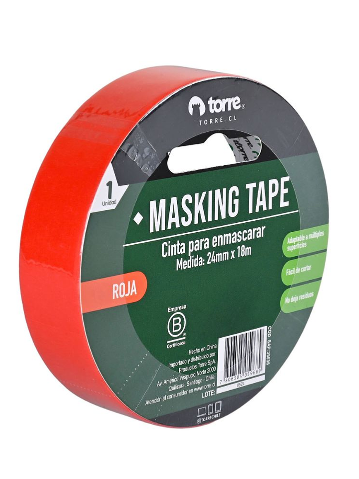 Cinta Masking Tape color roja 24 mm x 28 mt Torre 2