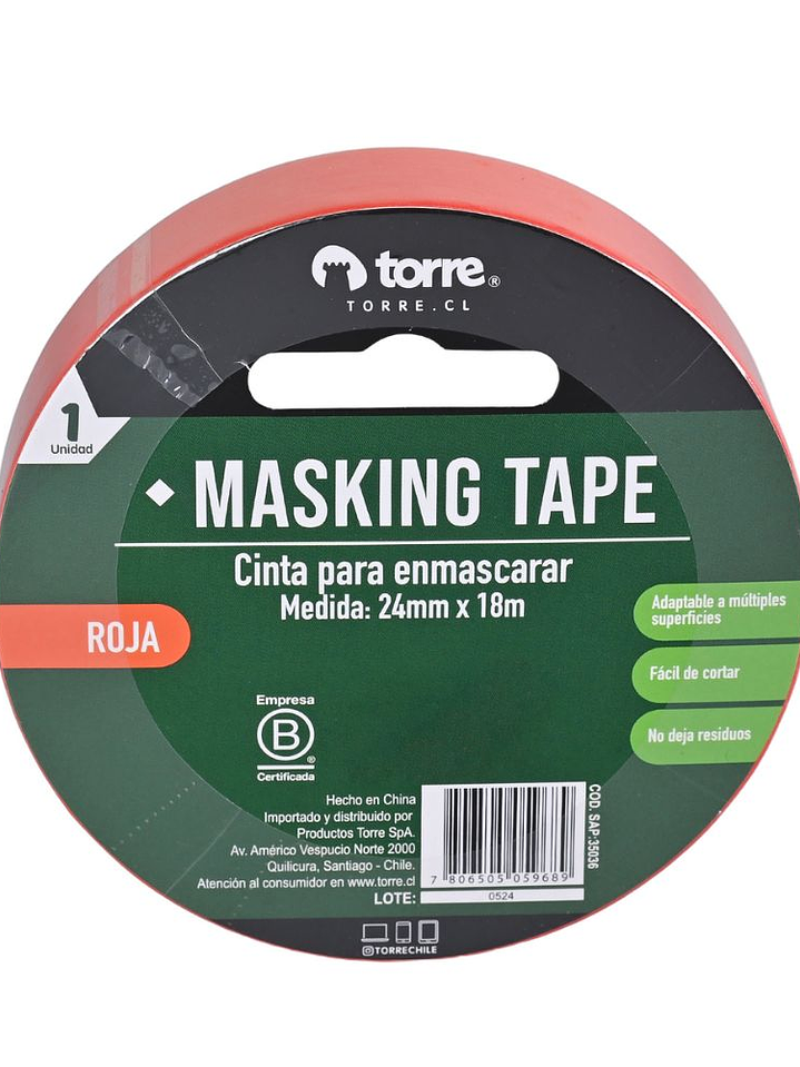 Cinta Masking Tape color roja 24 mm x 28 mt Torre 1
