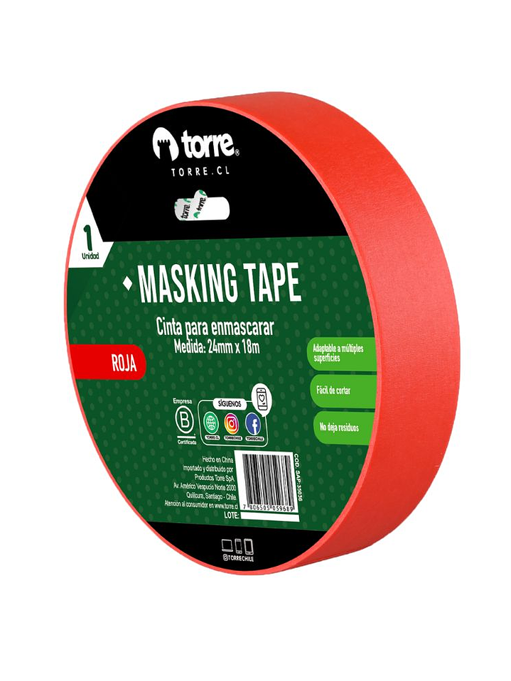 Cinta Masking Tape color roja 24 mm x 28 mt Torre 3
