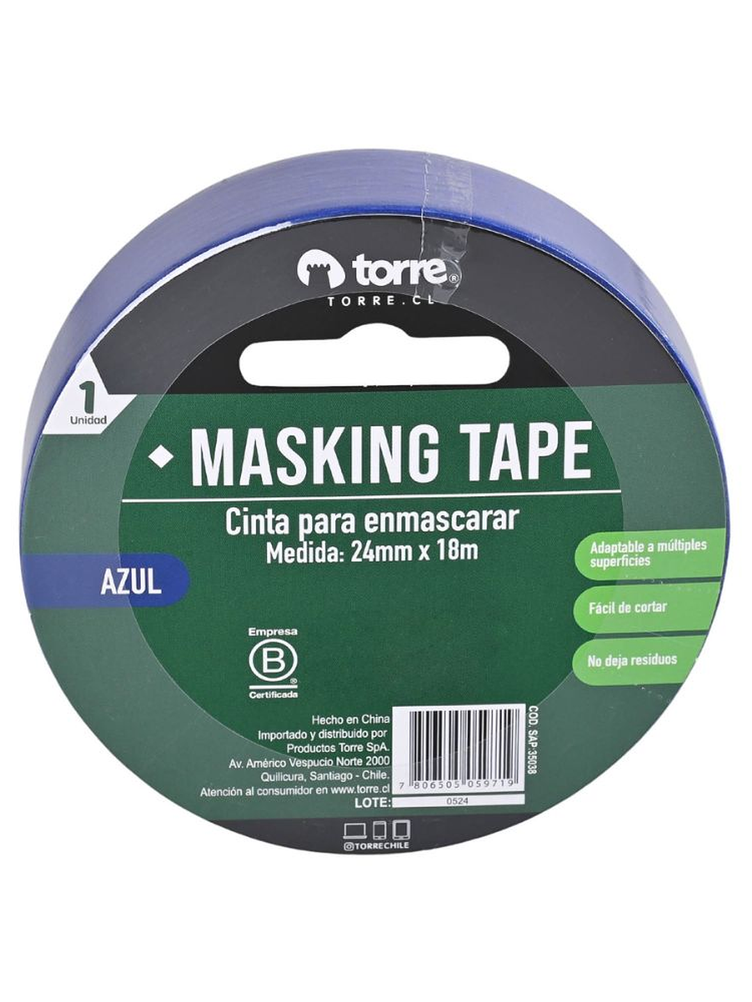 Cinta Masking Tape color azul 24 mm x 28 mt Torre 2