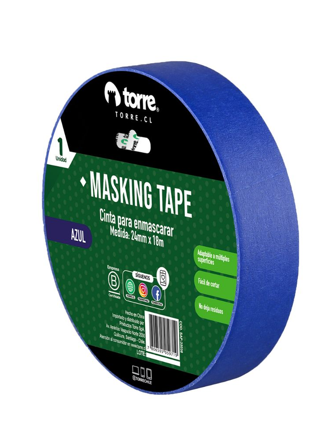 Cinta Masking Tape color azul 24 mm x 28 mt Torre 1