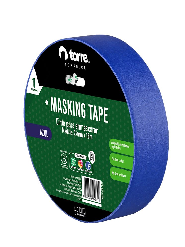 Cinta Masking Tape color azul 24 mm x 28 mt Torre 1