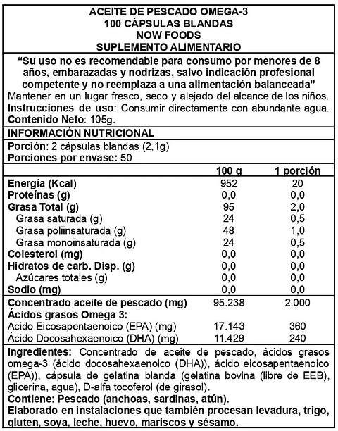Omega 3 1000mg 100 Softgel - Now Foods Sin sabor