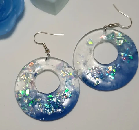 Brincos Resina Azul Folha de Prata