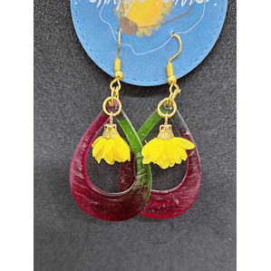 Brincos Resina Gota Vermelho e Verde com Flores Amarelas