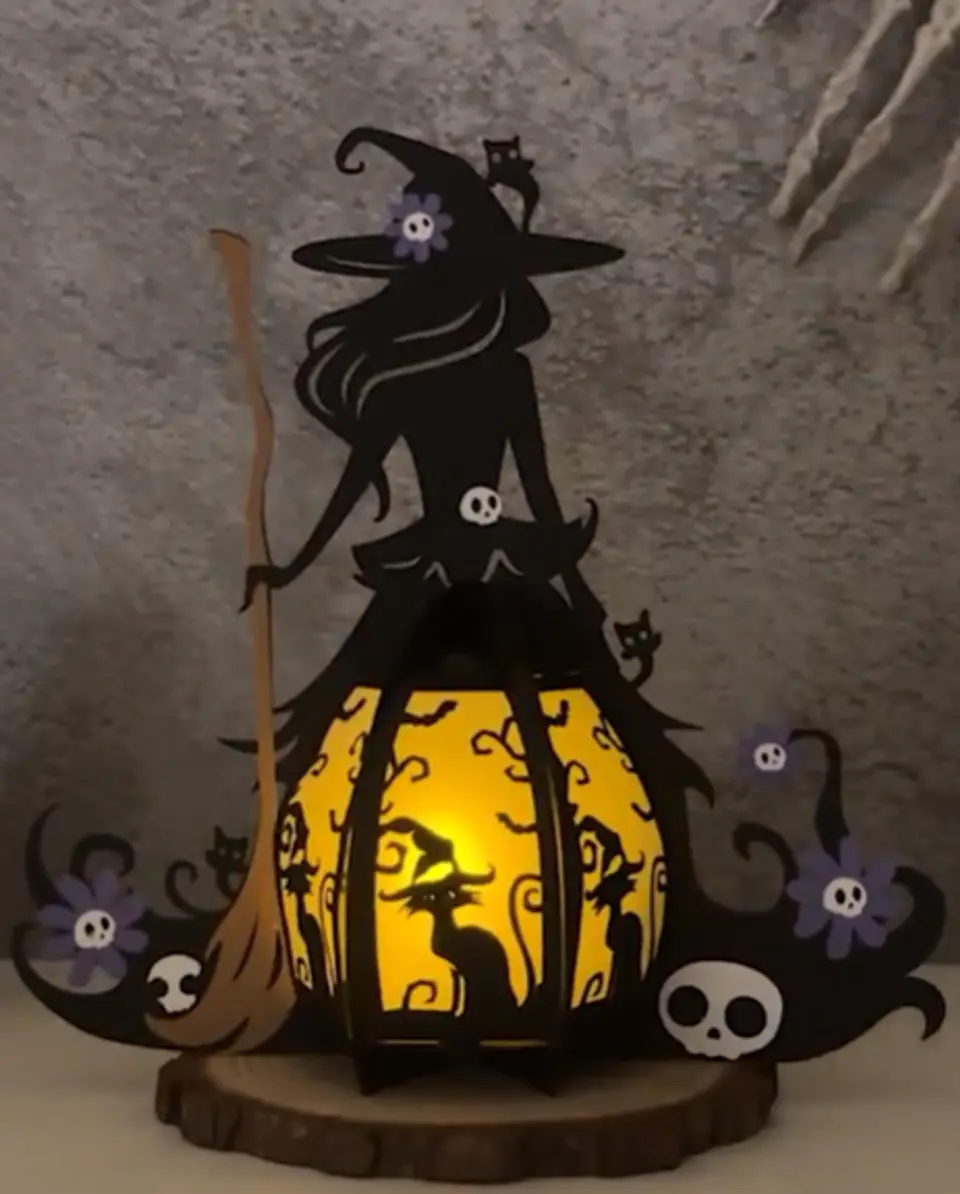 Halloween Bruxa lanterna com gato preto 1