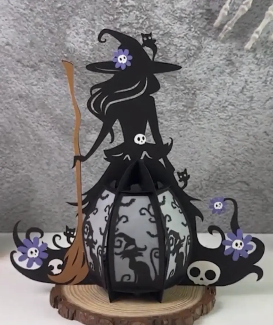 Halloween Bruxa lanterna com gato preto 2