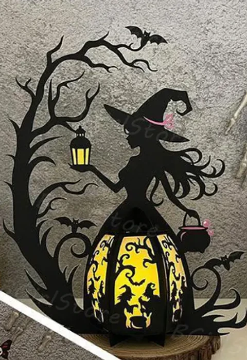Halloween Bruxa lanterna com bruxas no caldeirão