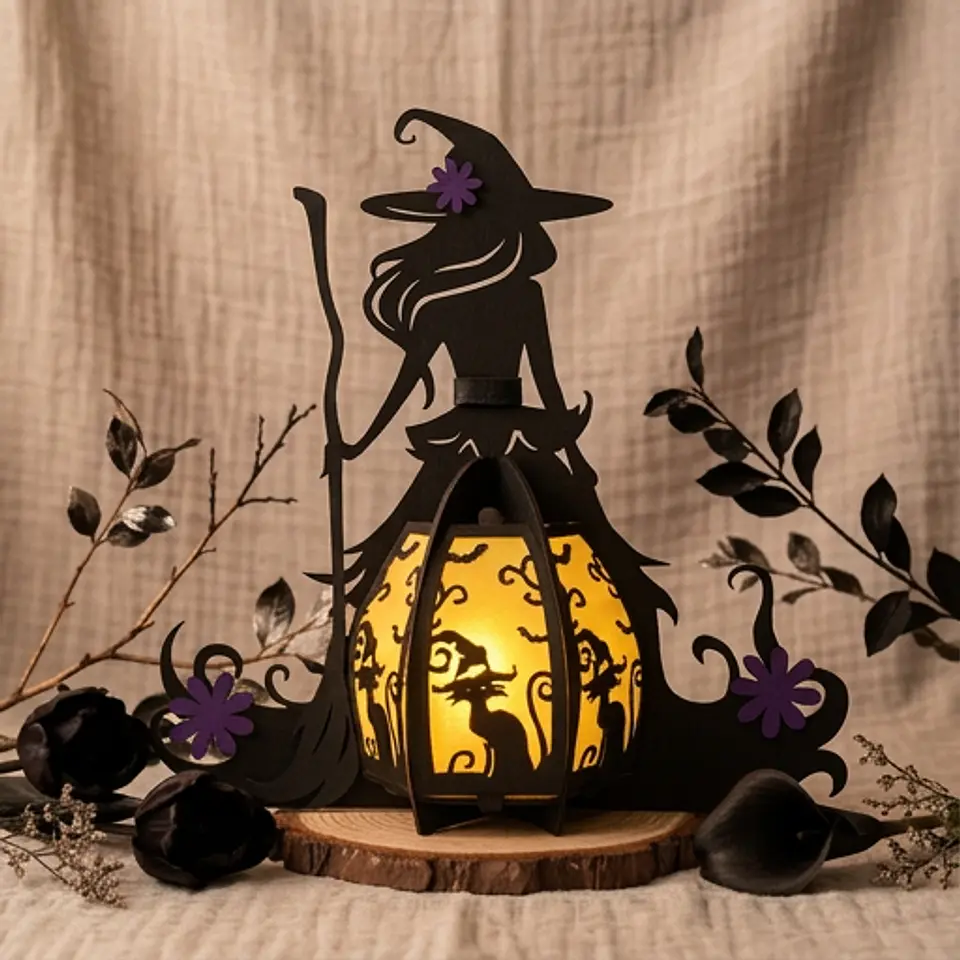 Lanterna Halloween Bruxa com gato preto 1