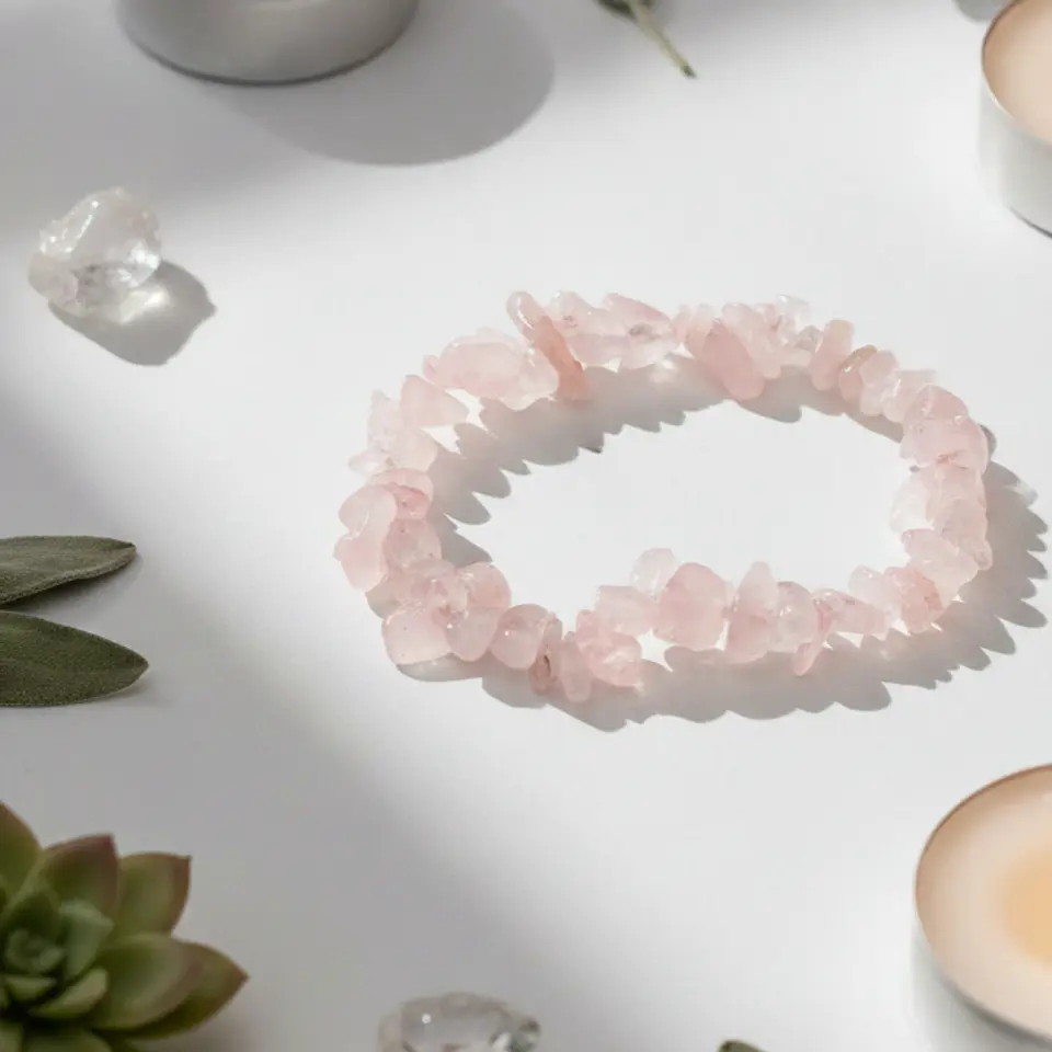Pulseira de Pedra Natural Quartzo Rosa em Cascalho – Amor e Harmonia 1