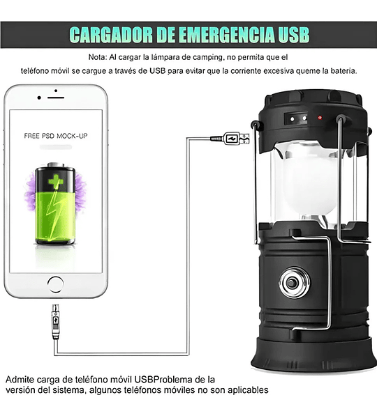 Lámpara de Camping Recargable con Panel Solar y Linterna Frontal 