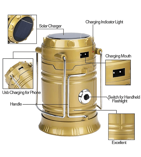 Lámpara de Camping Recargable con Panel Solar y Linterna Frontal 