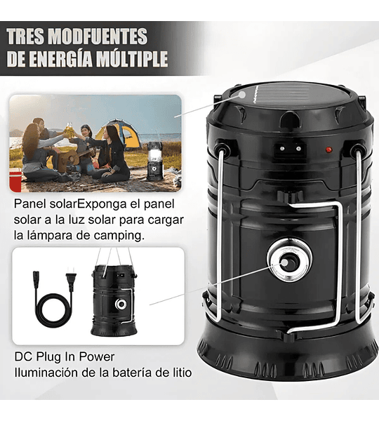 Lámpara de Camping Recargable con Panel Solar y Linterna Frontal 