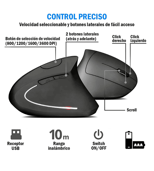 Mouse Ergonómico Vertical Inalámbrico USB Ajustable