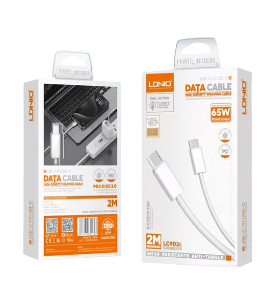Cable C a C 65W Carga Rápida Trenzado 2 Metros Reforzado LDNIO LC902c