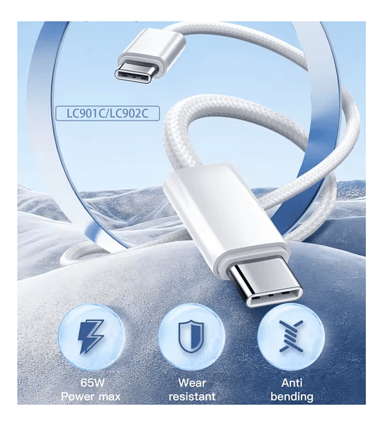 Cable C a C 65W Carga Rápida Trenzado 2 Metros Reforzado LDNIO LC902c