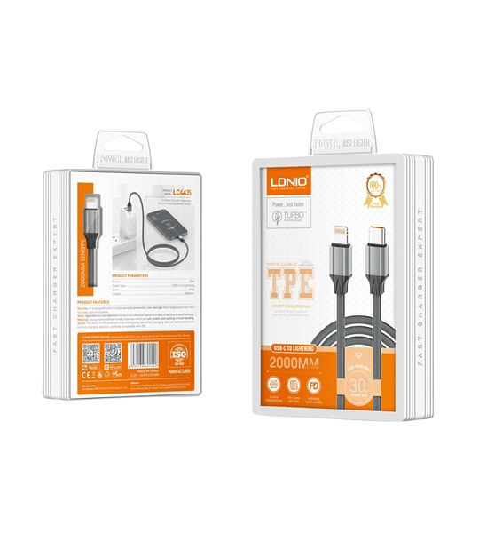 Cable C a Lightning 2 Metros Carga Rápida Trenzado Apple LDNIO LC442i 