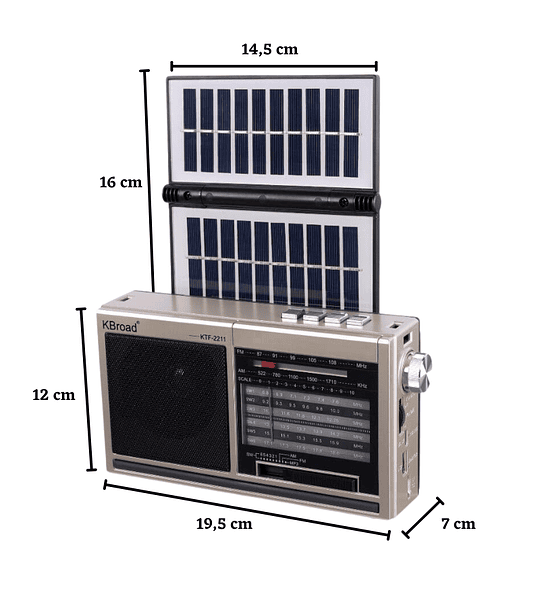 Radio Portátil KBroad KTF-2211 AM FM SW Recargable con Panel Solar USB MicroSD