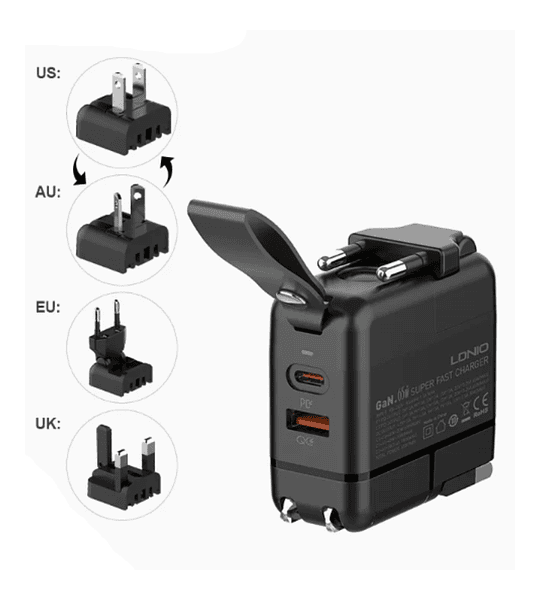 Cargador Adaptador Internacional Viaje 65W GaN Turbo | USB-C PD + USB-A QC 