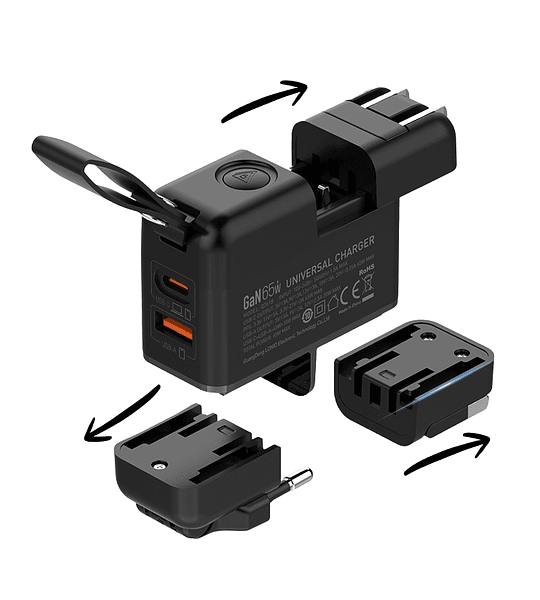 Cargador Adaptador Internacional Viaje 65W GaN Turbo | USB-C PD + USB-A QC 