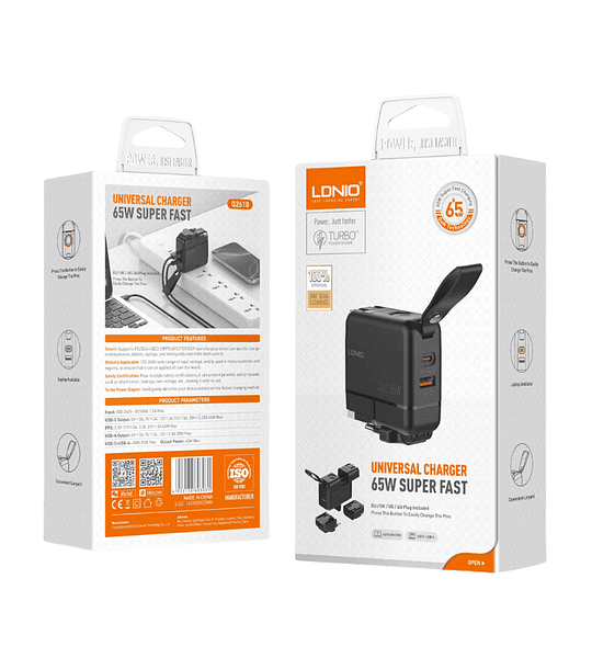 Cargador Adaptador Internacional Viaje 65W GaN Turbo | USB-C PD + USB-A QC 