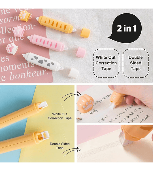 Cinta 2 en 1 Diseño Patita Corrector Blanco + Pegamento Doble Cara